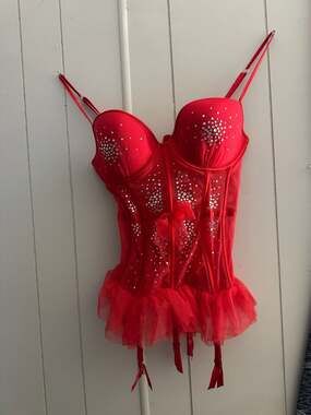 Victoria's Secret Red Rhinestone Mesh Bustier Corset with Garters